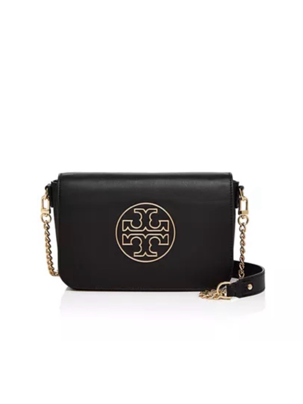 Tory Burch Isabella Clutch- Black Leather Logo Chain Crossbody